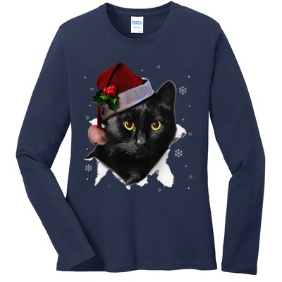 Black Cat Christmas Santa Hat Funny Cat Lover Christmas Ladies Long Sleeve Shirt