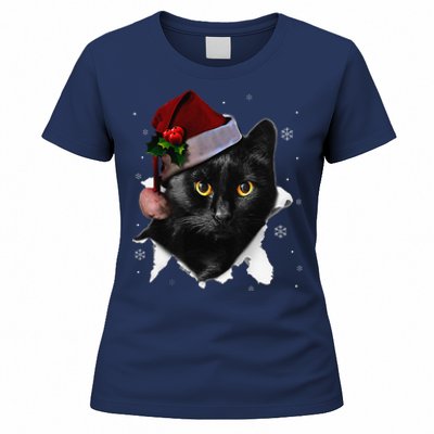 Black Cat Christmas Santa Hat Funny Cat Lover Christmas Women's T-Shirt