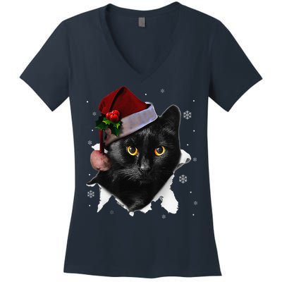 Black Cat Christmas Santa Hat Funny Cat Lover Christmas Women's V-Neck T-Shirt