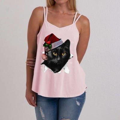 Black Cat Christmas Santa Hat Funny Cat Lover Christmas Women's Strappy Tank