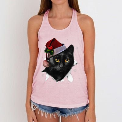 Black Cat Christmas Santa Hat Funny Cat Lover Christmas Women's Knotted Racerback Tank