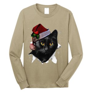 Black Cat Christmas Santa Hat Funny Cat Lover Christmas Long Sleeve Shirt