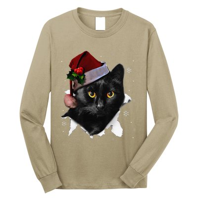 Black Cat Christmas Santa Hat Funny Cat Lover Christmas Long Sleeve Shirt