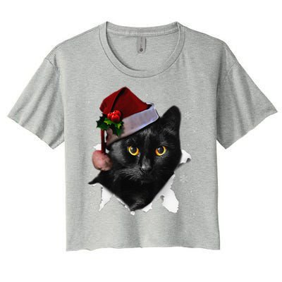 Black Cat Christmas Santa Hat Funny Cat Lover Christmas Women's Crop Top Tee