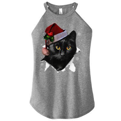 Black Cat Christmas Santa Hat Funny Cat Lover Christmas Women's Perfect Tri Rocker Tank