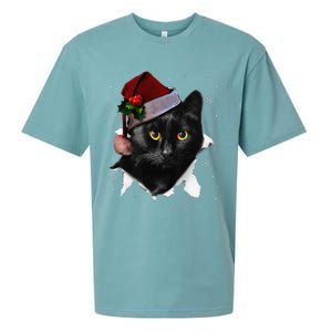 Black Cat Christmas Santa Hat Funny Cat Lover Christmas Sueded Cloud Jersey T-Shirt