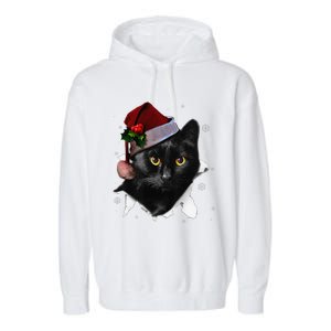 Black Cat Christmas Santa Hat Funny Cat Lover Christmas Garment-Dyed Fleece Hoodie