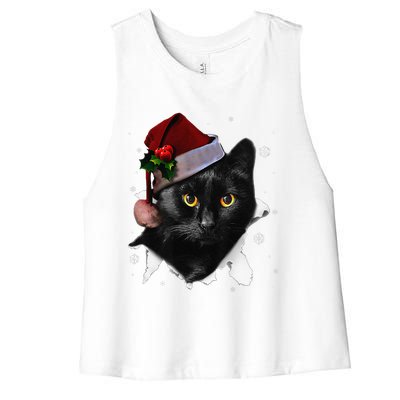 Black Cat Christmas Santa Hat Funny Cat Lover Christmas Women's Racerback Cropped Tank