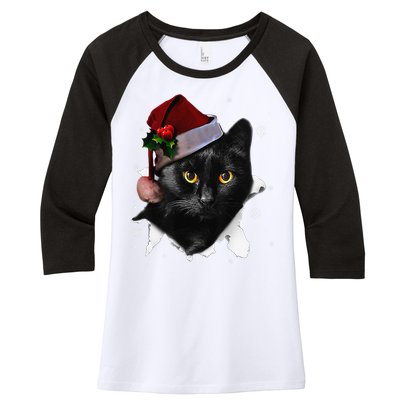 Black Cat Christmas Santa Hat Funny Cat Lover Christmas Women's Tri-Blend 3/4-Sleeve Raglan Shirt