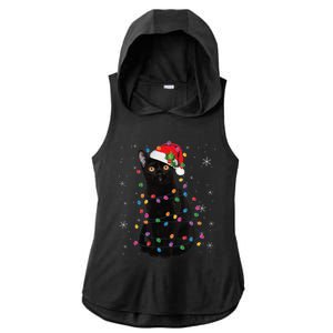 Black Cat Christmas Santa Hat Lights Pajama Xmas Cat Lover Ladies PosiCharge Tri-Blend Wicking Draft Hoodie Tank