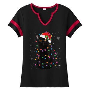 Black Cat Christmas Santa Hat Lights Pajama Xmas Cat Lover Ladies Halftime Notch Neck Tee