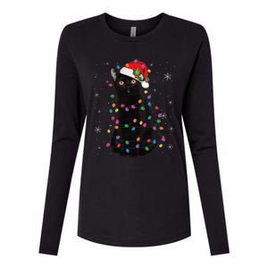 Black Cat Christmas Santa Hat Lights Pajama Xmas Cat Lover Womens Cotton Relaxed Long Sleeve T-Shirt