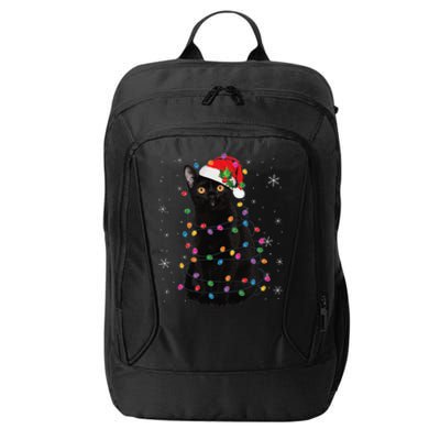 Black Cat Christmas Santa Hat Lights Pajama Xmas Cat Lover City Backpack