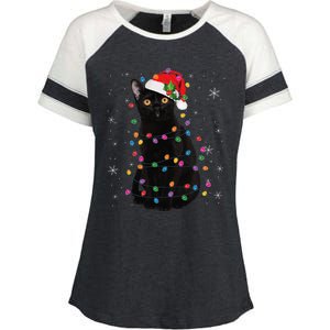 Black Cat Christmas Santa Hat Lights Pajama Xmas Cat Lover Enza Ladies Jersey Colorblock Tee