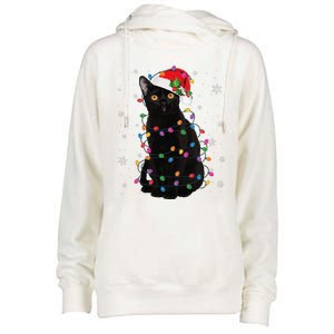 Black Cat Christmas Santa Hat Lights Pajama Xmas Cat Lover Womens Funnel Neck Pullover Hood