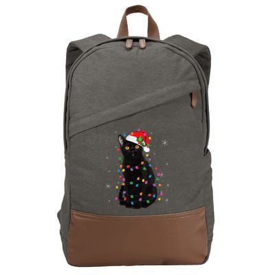 Black Cat Christmas Santa Hat Lights Pajama Xmas Cat Lover Cotton Canvas Backpack