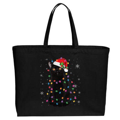 Black Cat Christmas Santa Hat Lights Pajama Xmas Cat Lover Cotton Canvas Jumbo Tote