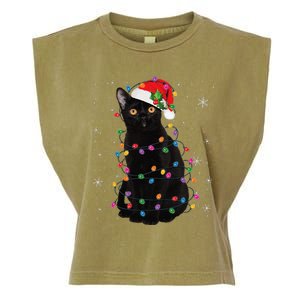 Black Cat Christmas Santa Hat Lights Pajama Xmas Cat Lover Garment-Dyed Women's Muscle Tee