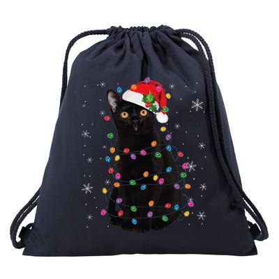 Black Cat Christmas Santa Hat Lights Pajama Xmas Cat Lover Drawstring Bag