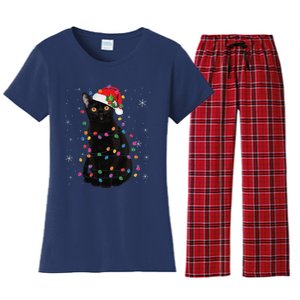 Black Cat Christmas Santa Hat Lights Pajama Xmas Cat Lover Women's Flannel Pajama Set