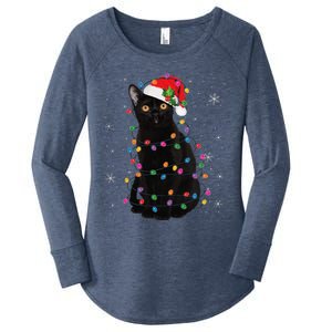 Black Cat Christmas Santa Hat Lights Pajama Xmas Cat Lover Women's Perfect Tri Tunic Long Sleeve Shirt