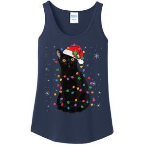 Black Cat Christmas Santa Hat Lights Pajama Xmas Cat Lover Ladies Essential Tank