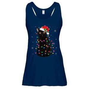 Black Cat Christmas Santa Hat Lights Pajama Xmas Cat Lover Ladies Essential Flowy Tank