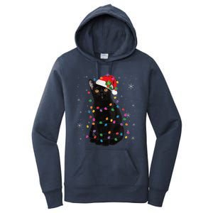 Black Cat Christmas Santa Hat Lights Pajama Xmas Cat Lover Women's Pullover Hoodie