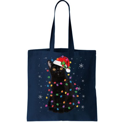 Black Cat Christmas Santa Hat Lights Pajama Xmas Cat Lover Tote Bag