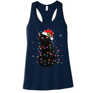 Black Cat Christmas Santa Hat Lights Pajama Xmas Cat Lover Women's Racerback Tank