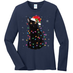 Black Cat Christmas Santa Hat Lights Pajama Xmas Cat Lover Ladies Long Sleeve Shirt