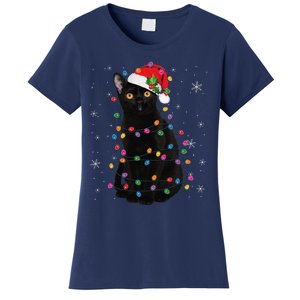 Black Cat Christmas Santa Hat Lights Pajama Xmas Cat Lover Women's T-Shirt