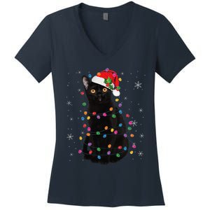 Black Cat Christmas Santa Hat Lights Pajama Xmas Cat Lover Women's V-Neck T-Shirt