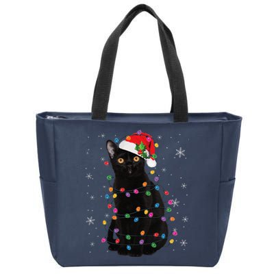 Black Cat Christmas Santa Hat Lights Pajama Xmas Cat Lover Zip Tote Bag