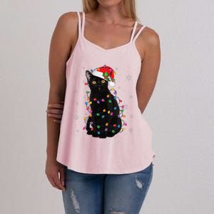 Black Cat Christmas Santa Hat Lights Pajama Xmas Cat Lover Women's Strappy Tank