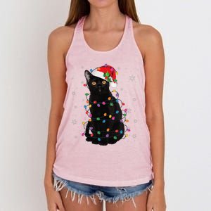 Black Cat Christmas Santa Hat Lights Pajama Xmas Cat Lover Women's Knotted Racerback Tank