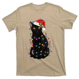 Black Cat Christmas Santa Hat Lights Pajama Xmas Cat Lover T-Shirt