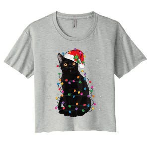 Black Cat Christmas Santa Hat Lights Pajama Xmas Cat Lover Women's Crop Top Tee