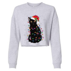 Black Cat Christmas Santa Hat Lights Pajama Xmas Cat Lover Cropped Pullover Crew