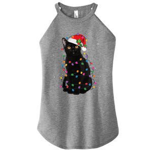 Black Cat Christmas Santa Hat Lights Pajama Xmas Cat Lover Women's Perfect Tri Rocker Tank