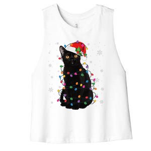 Black Cat Christmas Santa Hat Lights Pajama Xmas Cat Lover Women's Racerback Cropped Tank