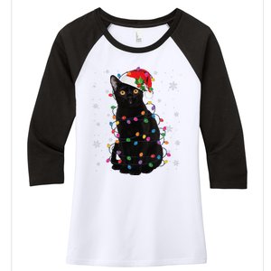 Black Cat Christmas Santa Hat Lights Pajama Xmas Cat Lover Women's Tri-Blend 3/4-Sleeve Raglan Shirt