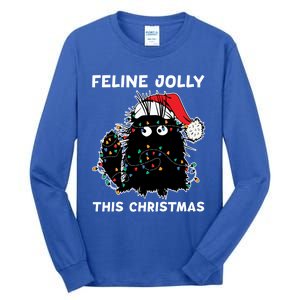 Black Cat Christmas Lights Cat Lover Funny Xmas Pajama Gift Tall Long Sleeve T-Shirt