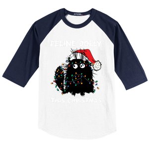 Black Cat Christmas Lights Cat Lover Funny Xmas Pajama Gift Baseball Sleeve Shirt