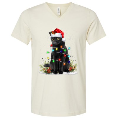 Black Cat Christmas Santa Hat Funny Meowy Cats Women V-Neck T-Shirt