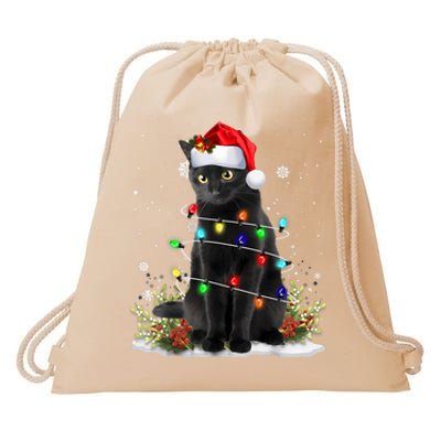 Black Cat Christmas Santa Hat Funny Meowy Cats Women Drawstring Bag