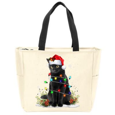 Black Cat Christmas Santa Hat Funny Meowy Cats Women Zip Tote Bag