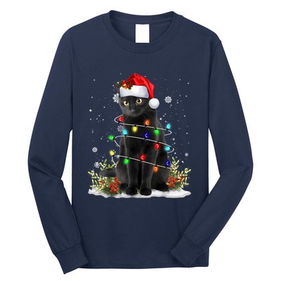 Black Cat Christmas Santa Hat Funny Meowy Cats Women Long Sleeve Shirt