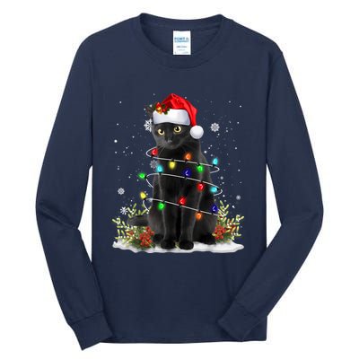 Black Cat Christmas Santa Hat Funny Meowy Cats Women Tall Long Sleeve T-Shirt