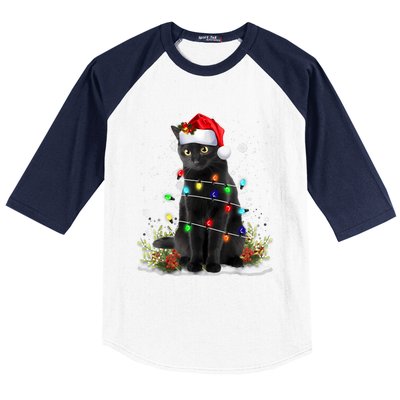 Black Cat Christmas Santa Hat Funny Meowy Cats Women Baseball Sleeve Shirt